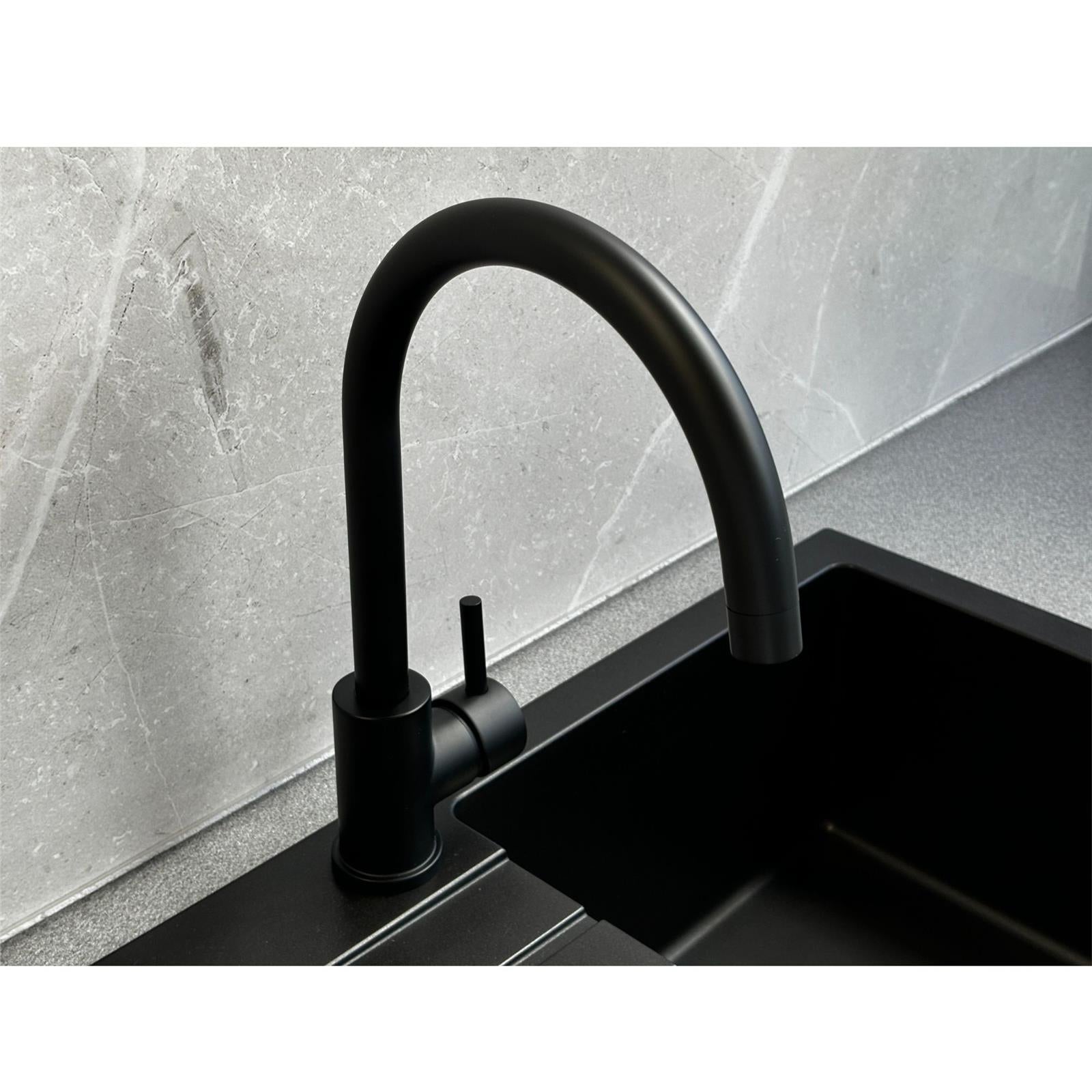 Liquida W06BL Swan Neck Swivel Spout Single Lever Monobloc Black Kitchen Tap